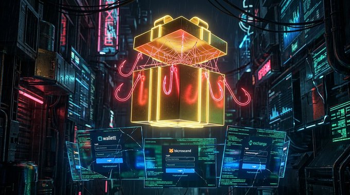 A cyberpunk-style digital artwork shows a glowing neon yellow gift box floating above three screens displaying 'wallet', 'picrossland', and 'exchange' interfaces amidst a futuristic cityscape.