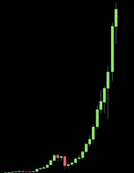 A price chart showing a steep upward trend with green candlesticks forming an exponential curve from the bottom left to the top right, with only two small red bearish candles near the base, visually reinforcing the post's hype about a massive impending surge in the memecoin market.