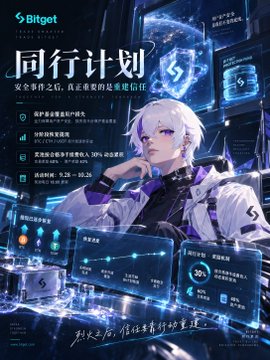 A Bitget cryptocurrency advertisement in Chinese featuring an anime-style character with white hair, promoting a 'Peer Plan' (同行计划) referral program with various bonus tiers.