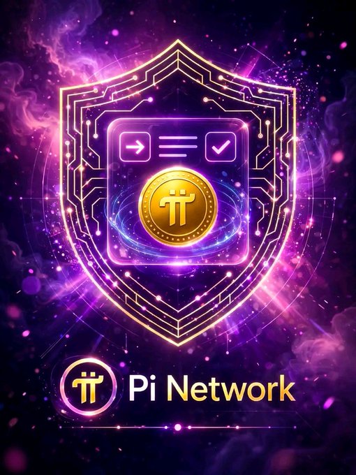 A glowing purple digital shield encases a golden Pi coin emblem with circuit-like patterns, set against a cosmic starry background, with the text "π Pi Network" displayed at the bottom. The futuristic, secure design reinforces the post's message of confidence and trust in Pi Network's promising future.