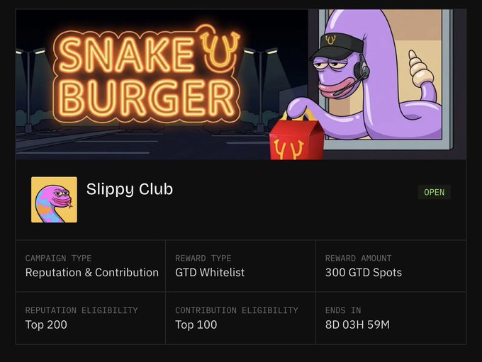 A promotional page for 'Snake 'U' Burger' featuring a purple snake mascot holding a fast-food bag, advertising a 'Slippy Club' campaign with 300 GTD Whitelist spots and an 8-day countdown.