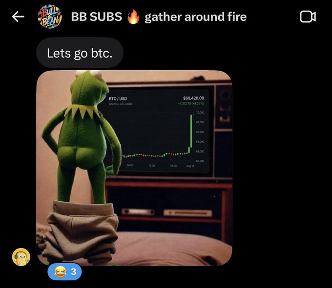 A social media post from 'BB SUBS' featuring a Kermit the Frog plushie watching a BTC/USD price chart at $69,420 on a retro television.