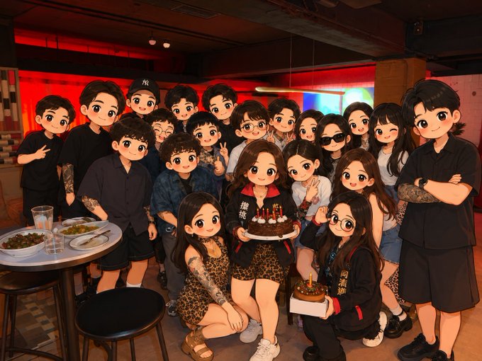 An animated/AI-generated group photo of around 20 chibi-style characters with tattoos and casual clothing celebrating with a birthday cake and a small cake at a restaurant/bar setting.