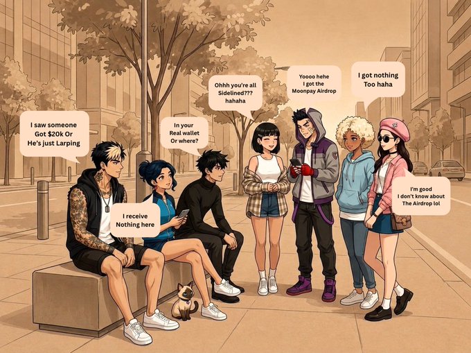An anime-style illustration of a group of young people on a city street, with speech bubbles discussing crypto airdrops, including lines like 'I saw someone Got 20k Or He's just Larping' and 'Ohhh you're all Sidelined??! hahaha'.