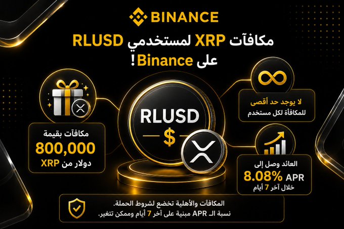 A Binance promotional graphic in Arabic advertising RLUSD rewards for XRP users, featuring a value of 800,000 XRP in gifts and an 8.08% APR annual return rate.