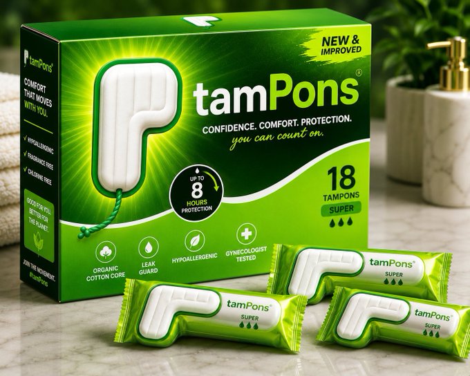 The image shows a box of "tamPons" brand tampons (18 count, Super absorbency) in green packaging, alongside individually wrapped tampon applicators on a marble countertop.

The image appears unrelated to the accompanying post about a cryptocurrency token at a $250k market cap with the contract address 0xc9e7c34fa156a235e8b8601171a543bc9c84a1b9—the tampon product photo has no clear connection to the crypto promotion.