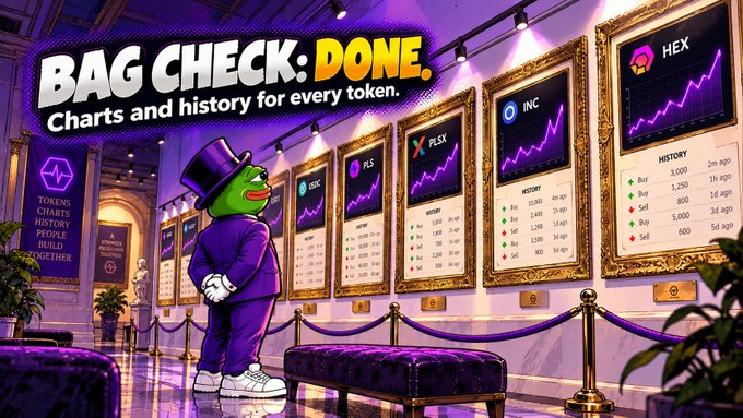 A cartoonish green character in a purple suit and top hat viewing framed cryptocurrency token charts, with text 'BAG CHECK: DONE.' and 'Charts and history for every token.'