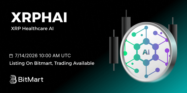 Promotional graphic for XRPHAI (XRP Healthcare AI) announcing a listing on BitMart on 7/14/2026 at 10:00 AM UTC, featuring a stylized AI token with candlestick chart elements.