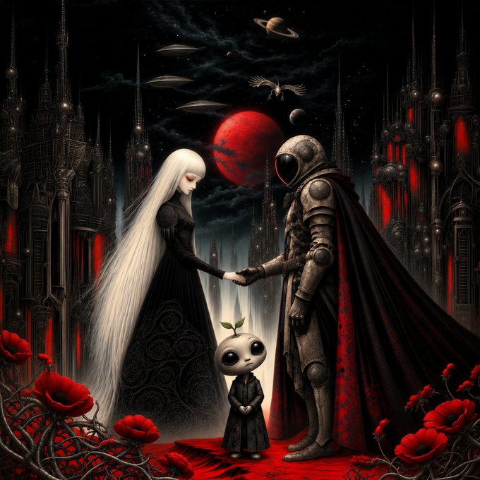 A dark gothic fantasy illustration shows a pale woman with long white hair and an astronaut in a spacesuit holding hands with a small alien child between them, set against a red planet and gothic spires with red poppies in the foreground.