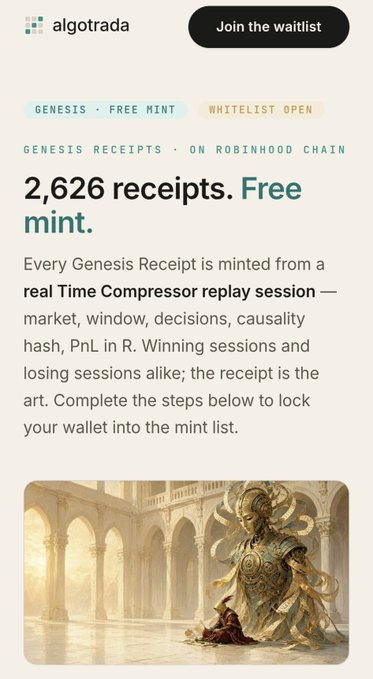 The image shows an Algotrada webpage advertising "2,626 receipts. Free mint." for Genesis Receipts on Robinhood Chain, with a "Join the waitlist" button and "WHITELIST OPEN" tag, featuring artwork of a figure with golden serpent-like hair kneeling before a statue in classical architecture. It illustrates the whitelist signup step mentioned in the accompanying post about securing a Cubicle Spot via cubicle.algotrada.com/whitelist.