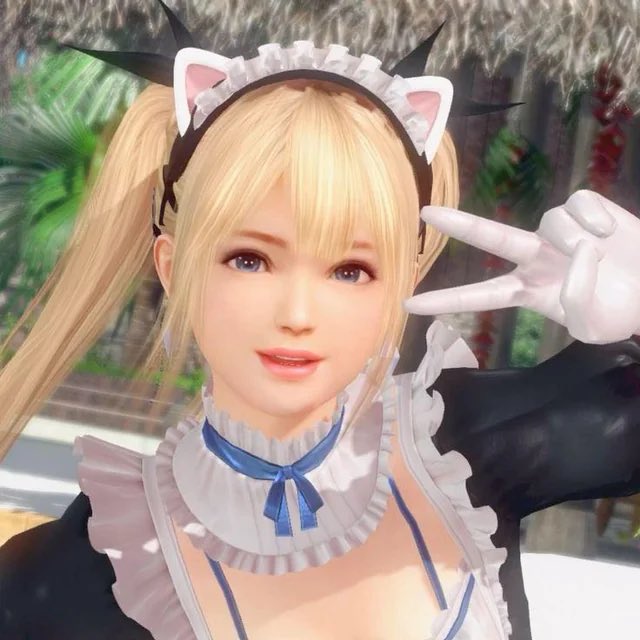 A 3D-rendered video game character with blonde pigtails, cat ears, and a maid outfit makes a peace sign.
