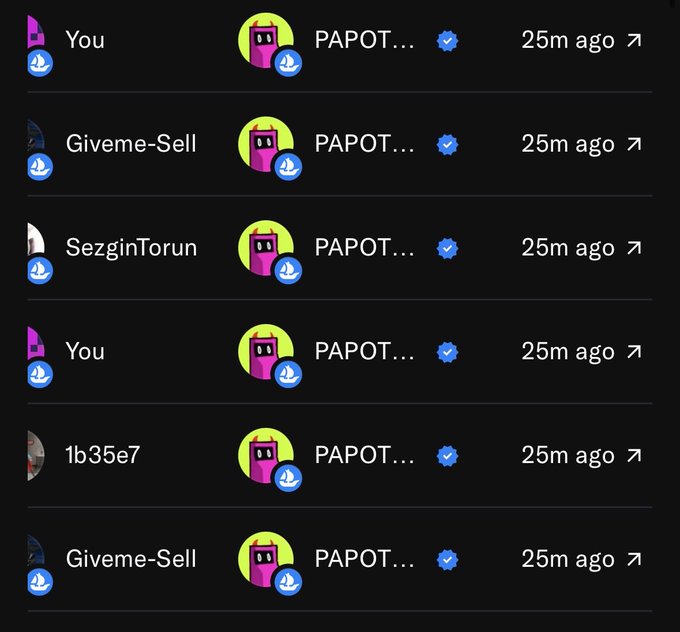 A dark-themed list of users (including 'You', 'Giveme-Sell', 'SezginTorun', '1b35e7') who interacted with a 'PAPOT...' token 25 minutes ago.