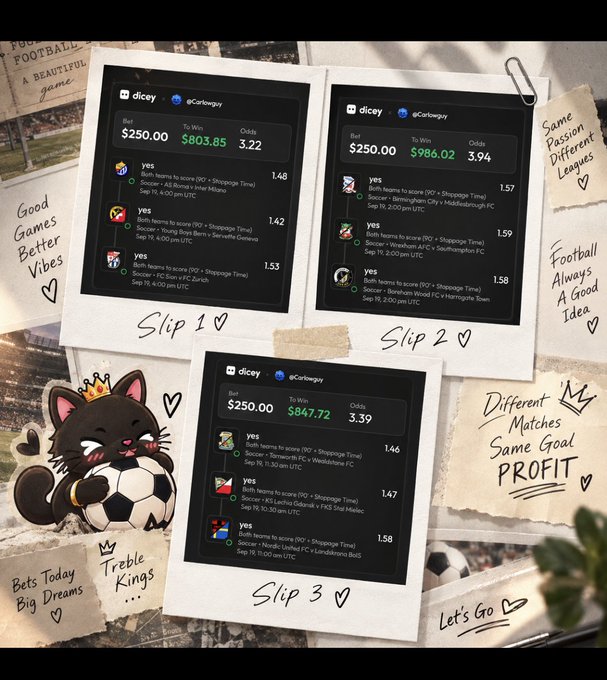A promotional betting slip collage featuring three slips from Dicey with potential winnings of $803.85, $986.02, and $847.72 from $250 bets, surrounded by handwritten notes like 'Treble Kings' and a cartoon cat mascot.