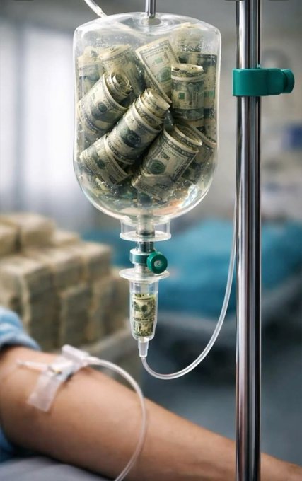 An IV drip filled with rolled-up US dollar bills drips money directly into a patient's arm, visually illustrating the post's message that financial stress—not illness—is the true source of suffering.