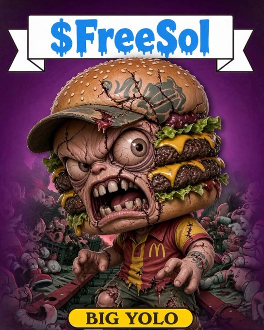 A cartoon illustration of a zombie-like McDonald's character with a burger face under a '$FreeSol' banner, labeled 'BIG YOLO' at the bottom.