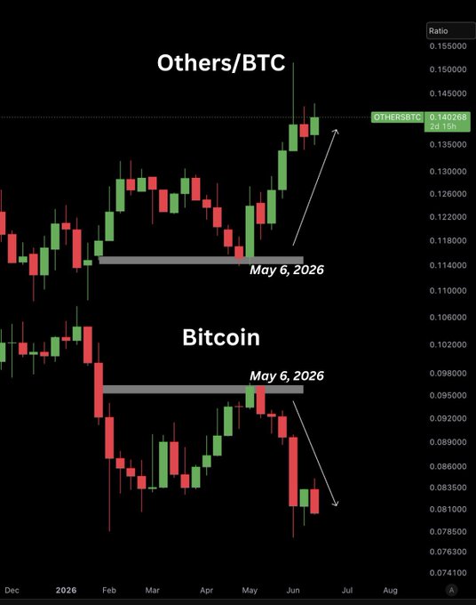 The image shows a bar chart representing two cryptocurrency pairs: Bitcoin (OTHERS/BTC) and altcoin XBT. The chart displays the price of Bitcoin from May 6, 2016 through June 6th, 2016 against the price of XBT during that same period. Both Bitcoin and XBT experienced significant fluctuations in value during this time. 

At the bottom of the image, there is a caption that provides insight into the performance of these two cryptocurrency pairs. The text states that Bitcoin dropped nearly -28% from its May high of $82,777 to its low of $59,000, while OTHERS/BTC went up +33%. Altcoins were mostly holding well against Bitcoin during this period and the majority of altcoins are still in good condition even though XBT experienced a recent drop.