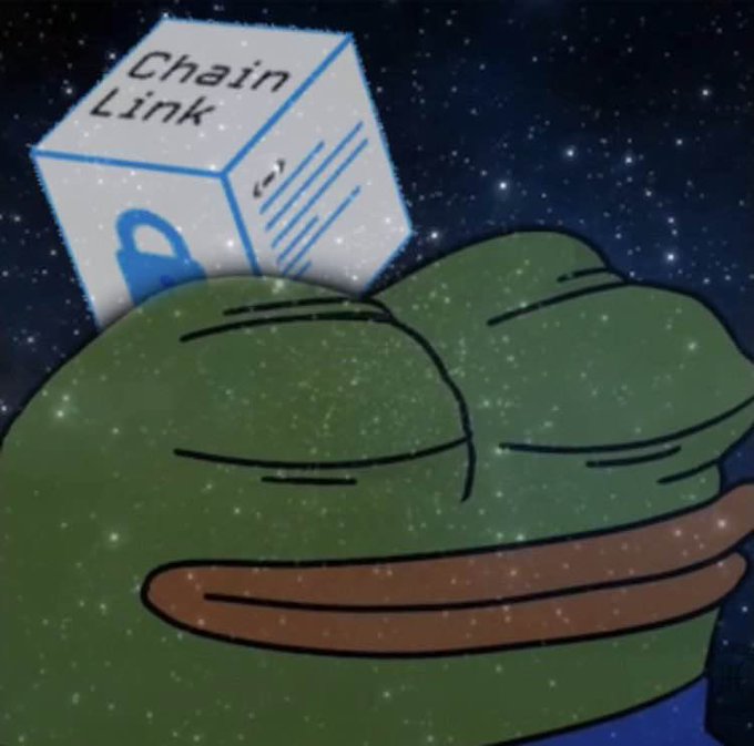 A Pepe the Frog meme shows the character in space with a white 'Chainlink' branded box floating above his head against a starry background.