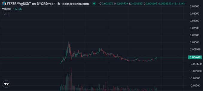 The image shows a 1-hour candlestick chart for the token FEFER/WgUSDT on DYORSwap, displaying a sharp initial spike followed by a decline, with the current price at 0.004699 (up 21.33%) and a 24-hour volume of 132.9K. The chart visually supports the post's mention of aping into $FEFER by illustrating the token's volatile price action since launch.