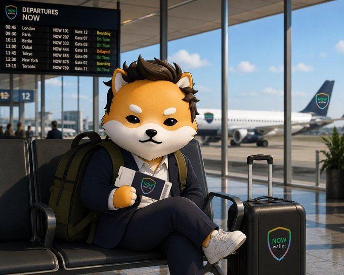 A 3D-rendered Shiba Inu mascot in a business suit and backpack sits in an airport terminal with a 'NOW wallet' suitcase and 'DEPARTURES NOW' board showing flights to London, Paris, Berlin, Dubai, Tokyo, New York, and Toronto.