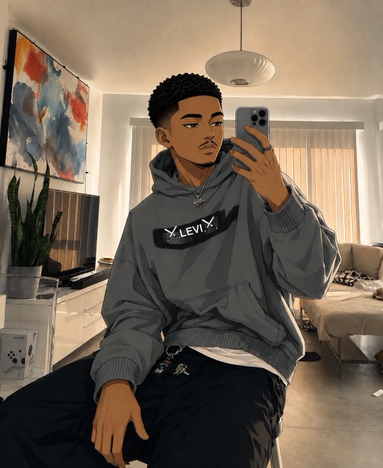 An illustrated selfie shows a young man wearing a gray hoodie with 'LEVIY' text, taking a mirror photo in a modern living room.