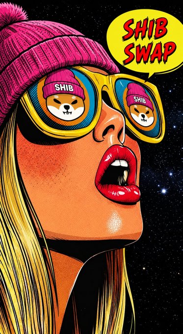 A pop-art style illustration shows a blonde woman wearing a pink beanie and sunglasses reflecting Shiba Inu dogs, with a speech bubble reading 'SHIB SWAP.'