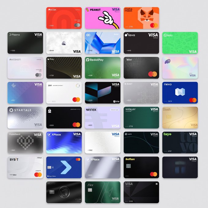 A grid layout displaying numerous virtual VISA debit/credit cards from various fintech companies like Peanut, Slash, KAST, Kolo, XPlace, and Hyperbeat.