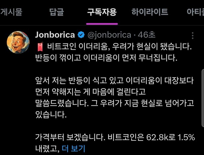 The image shows a Korean X (Twitter) post from verified user "Jonborica" (@jonborica) posted 46 seconds ago, translated to: "Bitcoin, Ethereum, the concerns have become reality. The rebound has been broken, and Ethereum is diving first." The post notes rebound was driven by futures/leverage without spot and US institutional buying, and references Bitcoin dropping to 62.8K, down 1.5%.