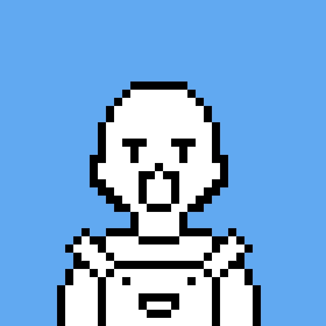 A simple black and white pixel art drawing of a person with a beard and short hair wearing overalls against a solid light blue background.