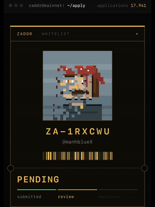 A terminal-style interface showing 'ZADDR WHITELIST' application status as 'PENDING' for user @manhblueX, with a pixel art avatar and identifier ZA-1RXCWU.