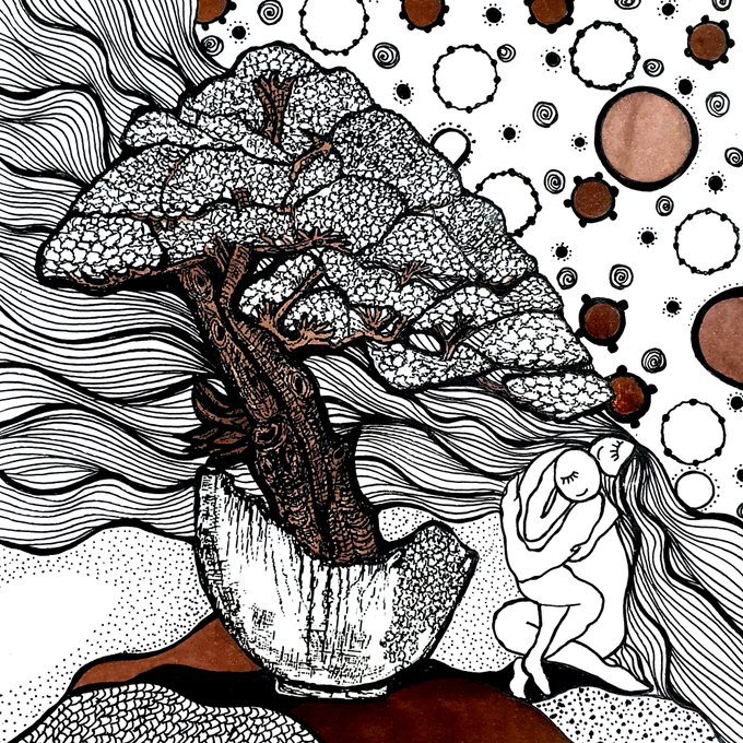 Black and white pen-and-ink illustration featuring a bonsai tree, a crouching figure with flowing hair, and circular patterns against a brown accent background.