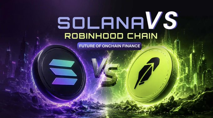 The image is a vibrant, futuristic graphic comparing Solana and Robinhood Chain, featuring the text "SOLANA VS ROBINHOOD CHAIN - FUTURE OF ONCHAIN FINANCE" at the top. Two glowing coin logos dominate the scene: the purple Solana emblem on the left and the green Robinhood feather logo on the right, separated by a bold "VS," with electric purple and green energy effects swirling against a dark cityscape backdrop. The post's theme of "MEMECOIN SZN" and seeking ticker suggestions aligns with the image's competitive framing, inviting viewers to weigh in on which crypto project holds more potential for explosive gains.