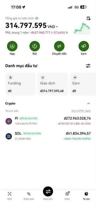 A screenshot of a Vietnamese crypto trading app showing a portfolio value of 314,797,595 VND, displaying holdings in PI coin (₫272,963,028.74) and SOL (₫41,834,394.57) with a significant daily loss indicated.