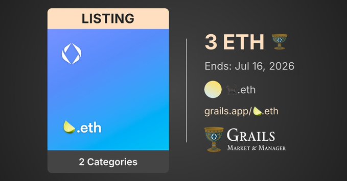 A Grails Market & Manager NFT listing card showing a 3 ETH bid ending Jul 16, 2026, with the ENS domain hs.eth, grails.app, and .eth, featuring 2 categories.