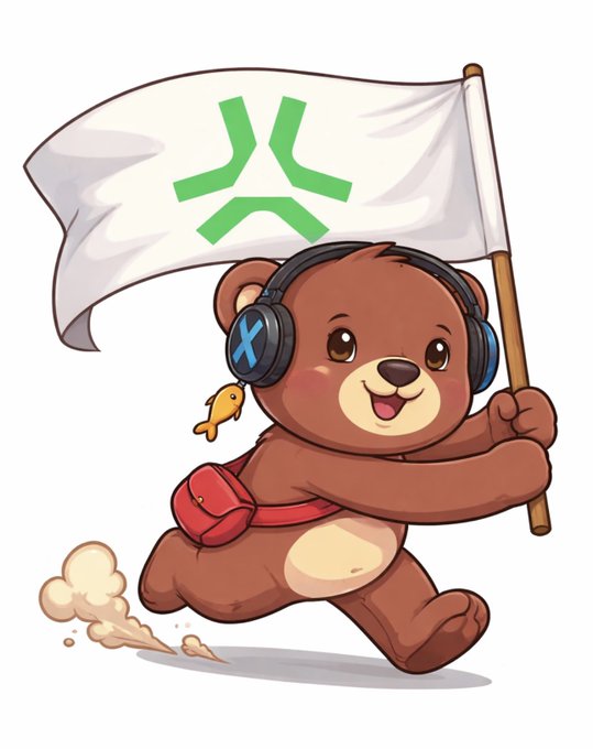 A cute cartoon illustration of a brown teddy bear wearing blue headphones and carrying a red satchel, running while holding a flag with a green symbol.
