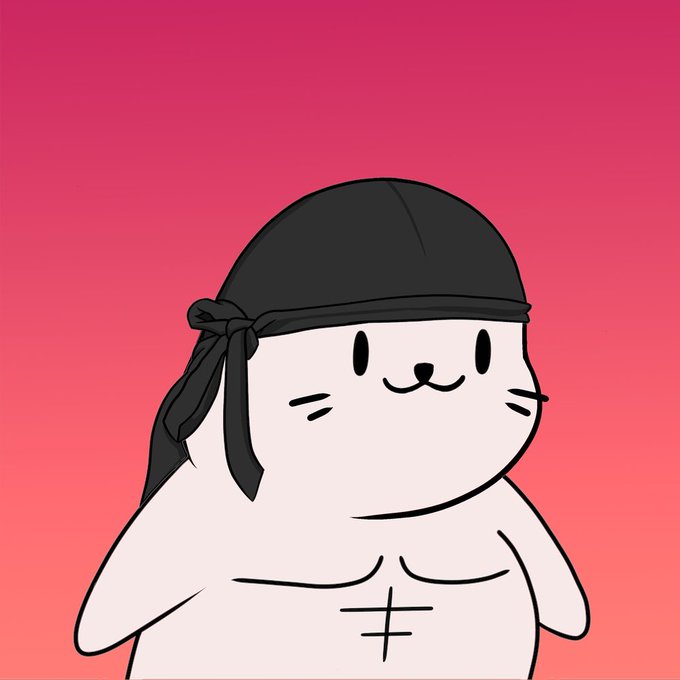 A chubby white cartoon cat wearing a black bandana smiles against a pink gradient background. The image ties into the "GM" (good morning) crypto community greeting, depicting the mascot's cheerful, welcoming pose often used to greet fellow degens at the start of the day.