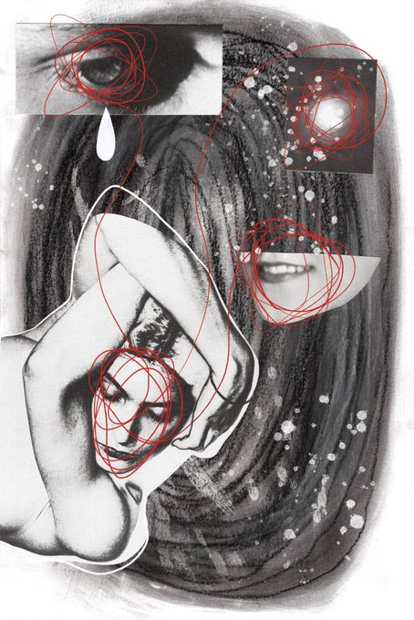 An abstract black-and-white collage with chaotic red scribbles surrounding a central figure, featuring cut-out images of a crying eye, a smiling mouth, and a bright star-like burst.