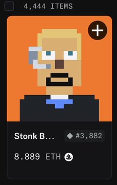 A pixel art NFT profile shows a character named 'Stonk B...' with item #3,882 priced at 8.889 ETH on an orange background.