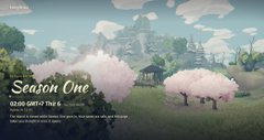 Promotional banner for 'MetaBoy Season One', showing a blocky voxel-style 3D landscape with pink cherry blossom trees under a blue sky with clouds.