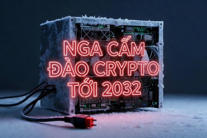 Crypto mining rig covered in frost with Vietnamese neon text reading 'NGA CẤM ĐÀO CRYPTO TỚI 2032' (Translation: 'Vietnam bans crypto mining until 2032').