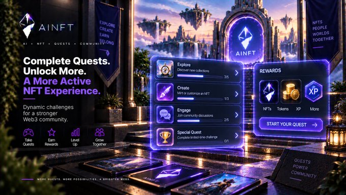 A promotional graphic for "AINFT" with the tagline "Complete Quests. Unlock More. A More Active NFT Experience," showing quest options (Explore, Create, Engage, Special Quest) and rewards (NFTs, Tokens, XP).