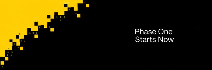 A graphic banner with a yellow and black pixelated diagonal design on the left and white text reading 'Phase One Starts Now' on a black background.
