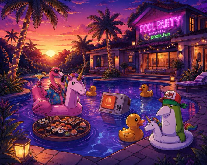 A colorful digital illustration of a sunset pool party featuring a flamingo, ducks, and unicorn floaties, with a "POOL PARTY powered by pools.fun" neon sign on the house.