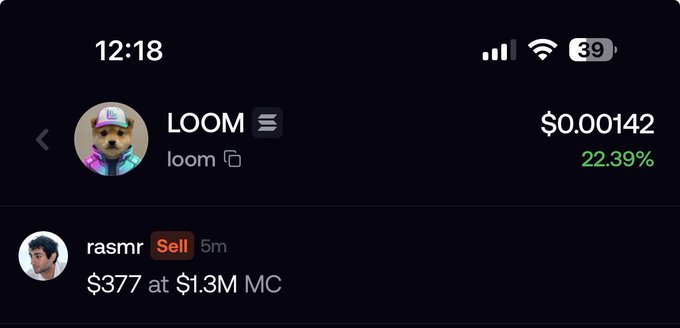 Mobile crypto app screenshot showing LOOM token priced at $0.00142 with a 22.39% gain, with a sell order from user "rasmr" for $377 at $1.3M market cap.