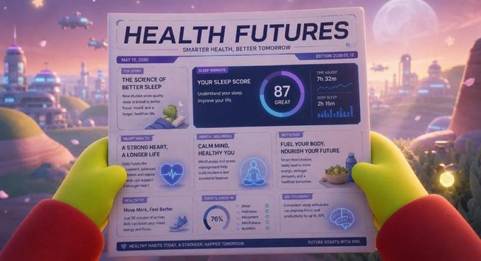 A futuristic 'HEALTH FUTURES' newspaper from May 12, 2030, featuring articles on sleep science, nutrition, and mental health, with a sleep score of 87.