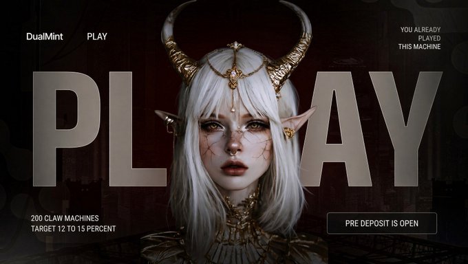 A promotional graphic for "DualMint PLAY" featuring a white-haired elf-like character with horns, and text including "YOU ALREADY PLAYED THIS MACHINE" and "PRE DEPOSIT IS OPEN".