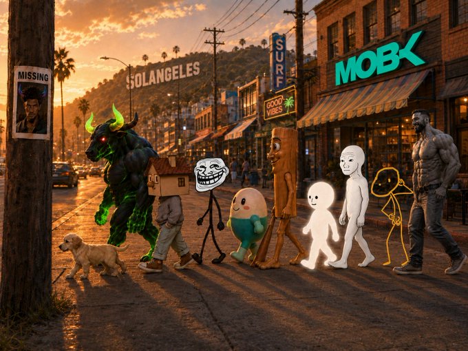 A parody of the Beatles' Abbey Road album cover set on a Los Angeles street, featuring various internet meme characters (including a green minotaur, trollface, and stick figures) crossing the street, with a 'MOBK' sign and a 'MISSING' poster of a trollface in the background.