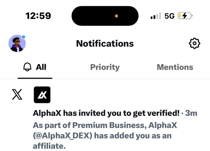 A phone screenshot shows Twitter/X notifications displaying an invitation from "AlphaX" to get verified through Premium Business as an affiliate, supporting the post's announcement of a new verification badge in partnership with @AlphaX_DEX.