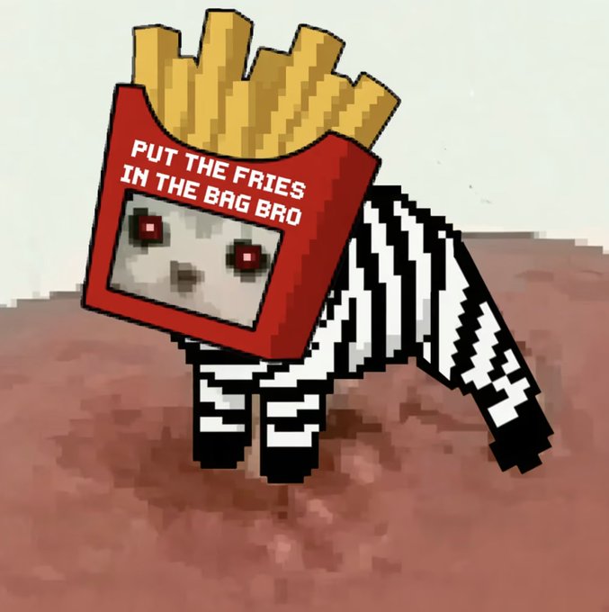 A pixel-art figure resembling a cat wears a red McDonald's fries bag on its head with the text "PUT THE FRIES IN THE BAG BRO," standing on a pixelated dirt ground that evokes the Martian landscape from old video games, illustrating the post's theme of quirky, humanoid NFT characters.