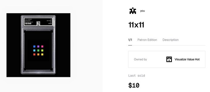 A digital asset listing showing a pixelated graphic resembling a hardware device. Text indicates it is titled '11x11', 'Owned by Visualize Value Hot', and 'Last sold $10'.
