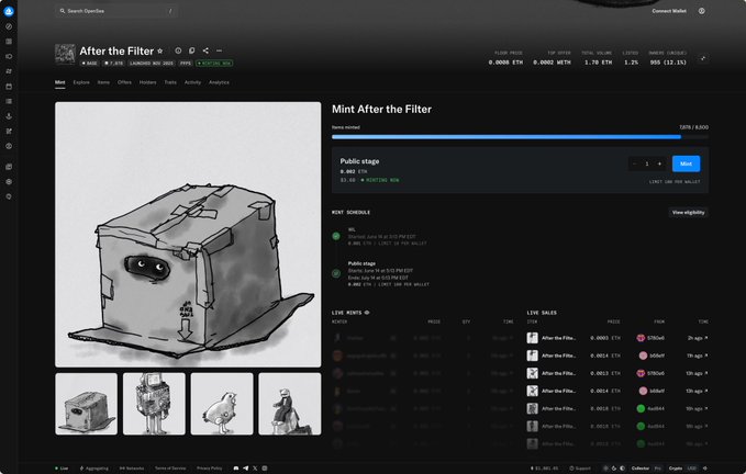 The image features a computer screen with an online store browsing page, displaying various pictures of merchandise being sold. The focus of this particular page seems to be art or digital downloads, as indicated by the description provided. The text on the web page says that all nfts made have been good enough to steal and that @opensea proud has listed their art for sale. This information indicates that the person who posted this post may be trying to sell their artwork or creations online.